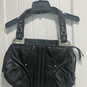 B. Makowsky Black Shoulder Bag with Leopard Interior